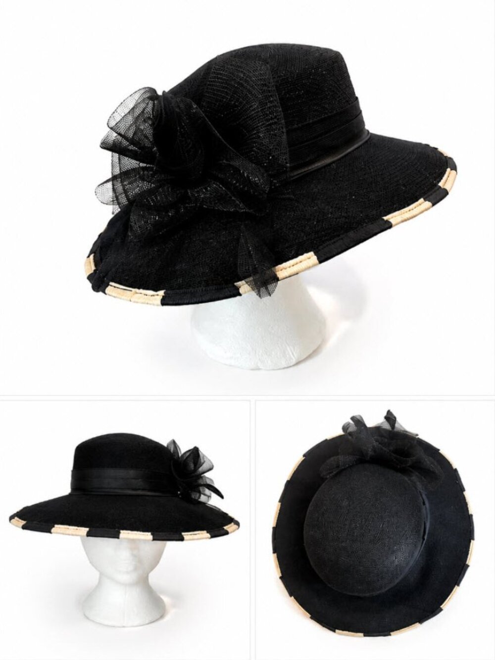 Elegant Black Wide-Brim Hat with Bow Accent